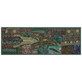 Ethnic Cotton Decorative Indian Dinning Art Table Patchwork Beads Embroidered Room Handmade Decor Cloth Table Runner (Moss, 16" x 60")