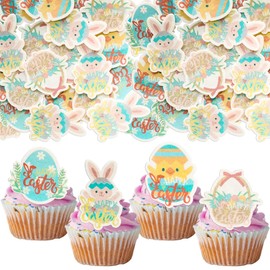 Gyufise 48Pcs Edible Easter Egg Cupcake Toppers Wafer Paper Happy Easter Cupcake Picks Edible Easter Bunny Cupcake Decors for Easter Theme Baby Shower Birthday Party Supplies
