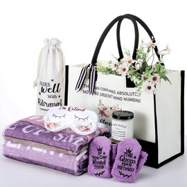 Marsui 6 Pcs Retirement Gifts for Women 2024 Retired Gifts Basket Includes Blanket Wine Bag Novelty Sock Scented Candles Silk Blindfold Tote Bag for Retirees Teachers Coworker Nurses Mom Grandma