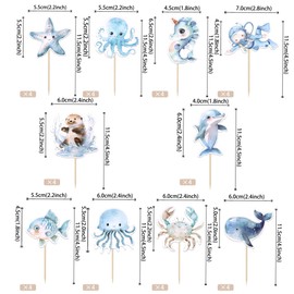 CharmeFleur 40 Stück Meerestier Cupcake Toppers Hai Delfin Seestern Tintenfisch Seepferdchen Cupcake Zähler Unter dem Meer Baby Shower Dekorationen für Unter dem Meer Thema Party