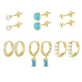 6 Pairs 14K Gold Plated Sterling Silver Hoop and Stud Earrings Set Tiny Cartilage Earring Cubic Zirconia Opal Small Huggie Earrings Hypoallergenic Stud Earring for Women Girls