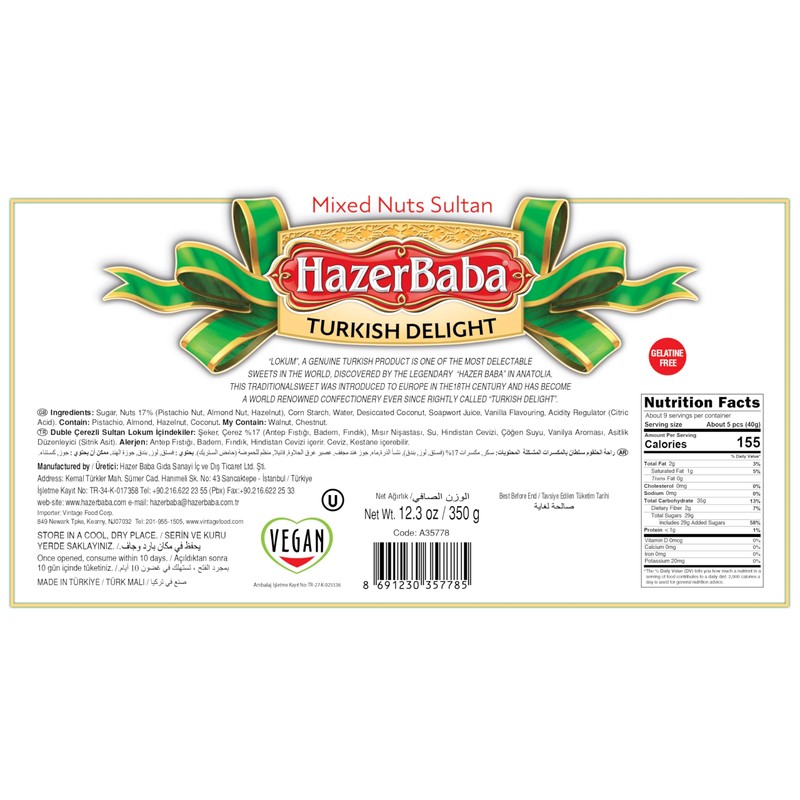 Hazer Baba Sultan Turkish Delight Candy, Mixed Nuts with Double