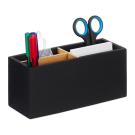 Relaxdays Schreibtisch Organizer, Bambus, 4 Fächer, für Bürobedarf & Kosmetika, Stiftehalter, HBT: 8x21x9 cm, schwarz, 8 x 21 x 9 cm