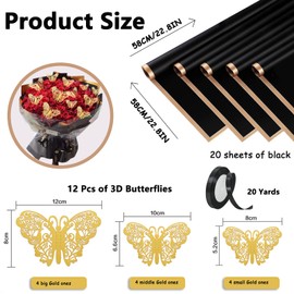 20 Sheets Flower Wrapping Paper with 12Pcs 3D Butterfly Decor and 24 Yards Satin Ribbon Gold Edge Waterproof DIY Bouquet Accessories for Birthday Wedding Mother's Day Party Black