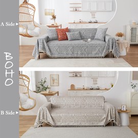 HANDONTIME Bohemian Grey and White Couch Cover for Dogs Aztec Tribal Sofa Covers for 3 Cushion Couch Aesthetic Tassel Couch Slipcover Sofa Seat Cover Universal Loverseat Cover Futon Cover, 71" X150"