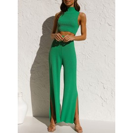 ARTFREE Womens 2 Piece Outfits Sets Casual Sweatsuits Streetwear, Ribbed Knit Palazzo Wide Leg Pants and Cropped Tops Green S