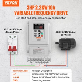 VEVOR VFD 3HP, 2.2KW, 10A, 1 Phase 220V-240V Input to 3 Phase 220V-240V Output Variable Frequency Drive, 0-400Hz VFD for AC Motor Speed Control