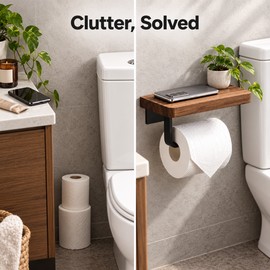 Wooden Toilet Paper Holder Wall Mount – Bathroom WC Roll Holder with Phone Holder Shelf and Storage Organizer