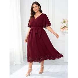 HICISI Womens Plus Size Wedding Guest Cocktail Dress Wrap V Neck A-Line Swing Maxi Dresses with Belt Red