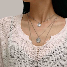 Cimenexe Bohemian Layered Carved Coin Necklace Choker Silver Metal Medallion Necklace Round Coin Pendant Necklace Multi Layer Long Necklace Chain Jewelry for Women and Girls