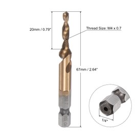 sourcing map Combination Drill and Tap Bit, 1/4" Hex Shank M4 x 0.7 Metric Uncoated M35 Cobalt High Speed Steel Spiral Flute Drilling Tapping Tool