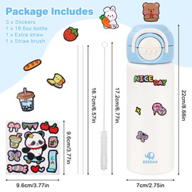 BEBOAN 550ml/18.6oz Kids Stainless Steel Insulated Water Bottle with Straw, Blue Metal Water Bottle for Kid, Double-Walled Thermal Bottle BPA-Free, Flip up Child's Flask for Boys with 3 Cute Stickers