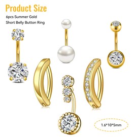 CharmBurst 6 Piece Stainless Steel Belly Button Ring Set, Gold Tone, Classic Short with Shimmering Zircon Inlay, Faux Pearl Detail, Suitable for Daily Wear and Piercings