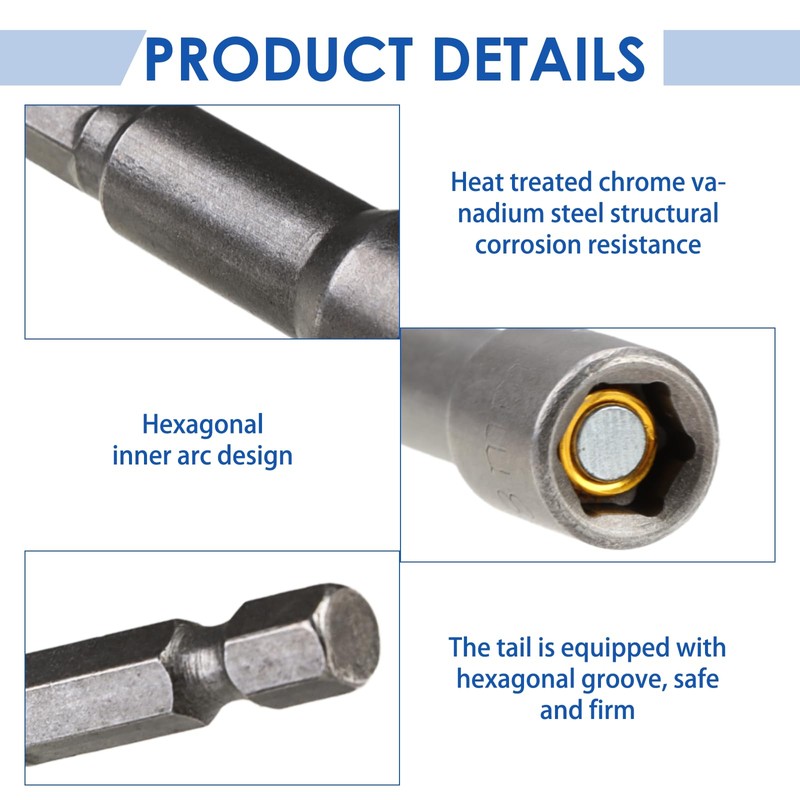 5Pcs 1/4" Hex Shank 8mm x 65mm Magnetic Nut Setter