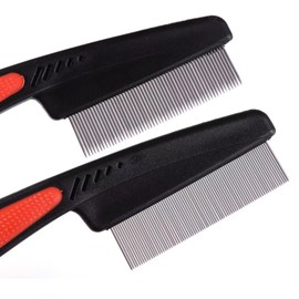 Iluadme 2 Pieces Dog Flea Comb For Small Dogs,Fine Tooth Dog Comb for Grooming.Wide Tooth Rubber Handle Dog Hair Comb,Flea and Tick Comb for Dogs & Cats（2PCS,Black Red Color）