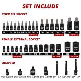 CASOMAN 71-Piece Master Hex & Torx Bit Socket Set, 1/4" & 3/8" & 1/2" Drive, Metric/SAE Hex Bit Sockets, Star Bit Sockets (T6 - T70), E-Torx Sockets (E4 - E24), with Storage Case