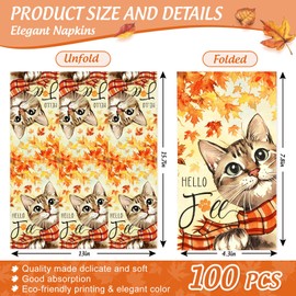 JarThenaAMCS 100Pcs Hello Fall Cat Guest Napkins Watercolor Autumn Maple Leaves Cat Disposable Paper Napkin Dinner Hand Napkins for Thanksgiving Party Supplies
