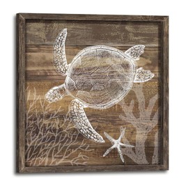Inpraradiso Sea Wall Art Decor Picture: Bathroom Ocean Theme Wood Print Decor Turtle Marine Life Underwater Painting Rustic Beach Coastal Animal Artwork for Living Room Bedroom Office 16x16 Inch