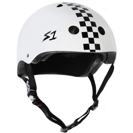 S1 Mega Lifer Helmet for Skateboarding, BMX, and Roller Skating - EPS Fusion Foam, CPSC & ASTM Certified - White Gloss w/Checkers Large (24")
