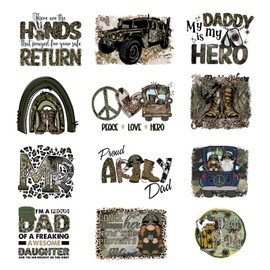12Pcs Hero Army Dad Iron On Decals for Clothing Father's Day Iron On Patches DIY Heat Transfer Stickers for T-Shirt Jean Appliques