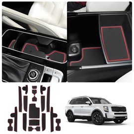 LUWU for 2025 Kia Telluride Accessories - for 2020 2021 2022 2023 2024 2025 Kia Telluride LX/S/EX/SX Door Slot Mats Cup Holder Inserts Center Console Liners Mats Red-Trim - 19 PCS/Sets