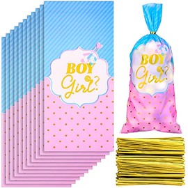 Harloon 100 Pieces Gender Reveal Candy Bags Gender Reveal Themed Bags Plastic Baby Shower Treat Bags and 150 Pieces Metallic Twist Ties Candy Bag Ties for Gender Reveal Party Supplies