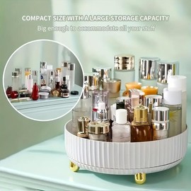 1pc Large Capacity 360 Degree Rotating Makeup and Perfume Storage Box - Stylish Black Dressing Table Storage Tray with Gold Accents, Ribbed Edge Design, Stable, No Assembly Required, Dressing Table Tray - Color: cream