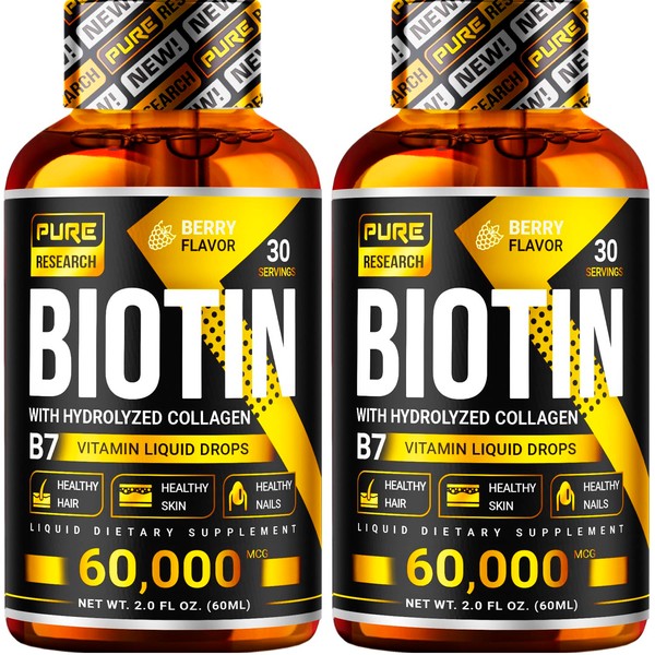 PURE RESEARCH Biotin & Collagen 60,000mcg Hair Growth Liquid Drops, Supports: Strong Nails, Glowing Skin, Healthy Hair Growth, More Absorption Than Capsules & Pills (4Fl Oz)