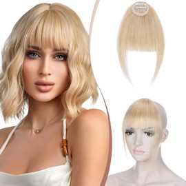 Elailite Neat Bangs Clip in Fringe with Temples Real Human Hair Extensions Natural Clip on Hair Piece For Women - #24 Natural Blonde