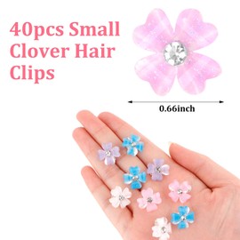 KIUEZIR 40 Pack Small Crystal Clover Hair Clips Set- Pink/Purple/White/Blue with Rhinestone Centers & Metal Clasps, Non-Slip Mini Floral Grip Clips for Women Everyday/Party/Wedding Hairstyles