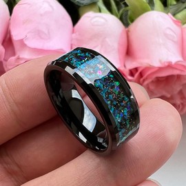 TUTISS 8mm Black Tungsten Wedding Bands for Men Women Galaxy Opal Inlay Fashion Engagement Rings Beveled Polished Shiny Comfort Fit Size 14