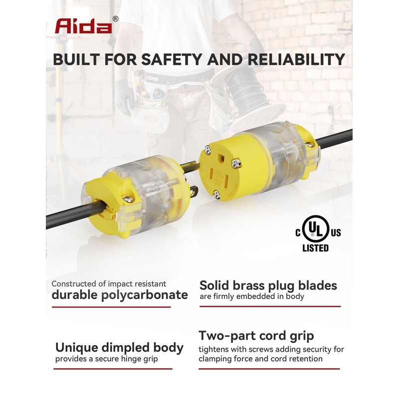 AIDA Lighted Plug and Connector Set, Straight Blade Cord End