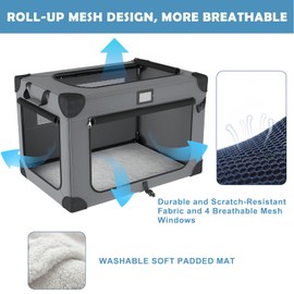 36 Inch Collapsible Dog Crate for Large Dogs, 3-Door Foldable Soft Kennel with Breathable Mesh Windows, Soft Plush Mat and a Foldable Bowl, Suitable for Indoor & Outdoor Use, Grey