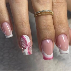 SINLOV 24 Pieces Long Coffin Shiny Butterfly Ballerina False Nails Full Cover False Nails for Women and Girls