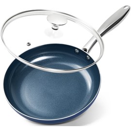 MICHELANGELO 10 Inch Frying Pan with Lid, Blue Frying Pan with Nonstick Diamond Infused Coating, Nonstick Frying Pans, Diamond Fry Pan Blue