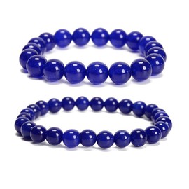 Land Long 2pcs/Set (8mm+10mm), Good Luck Bracelets for Women, Smooth Round Lapis Blue Dyed Jade Beads Stretch Bracelets with Relax Anxiety Stress