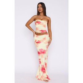 Goafuliy Two Piece Skirt Set for Women, Strapless Going Out Crop Tops High Waist Maxi Skirts Summer Floral 2 Piece Outfits Yellow XL