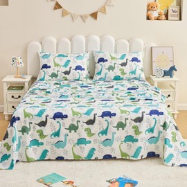 Gogreen Bed Sheet Set for Kids, Full Size Sheets Microfiber Fitted Sheet, Breathable & Silky Soft Feeling Kids Sheet Set 4 PCs Tiny Dinosour Full Bed Sheet