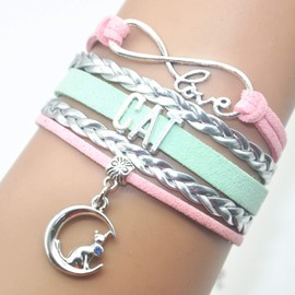 HHHbeauty Infinity Love Cat Bracelet - Jewelry for Cat Lovers, BFF, and Owners - Kitten Themed Gift (Pink Silver and Mint Green)