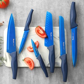 Wanbasion 7 Piece Blue Kitchen Knife Set with Magnetic Strip, Kitchen Knife Set Stainless Steel, Sharp Knife Set for Kitchen for Meat Vegetable Cutting