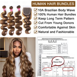 Teveshine Highlight Bundles with Closure Human Hair Body Wave P4/27 Honey Blonde Bundles with Highlights human hair 10A Brazilian Body Wave with Closure 16 18 20+16inch