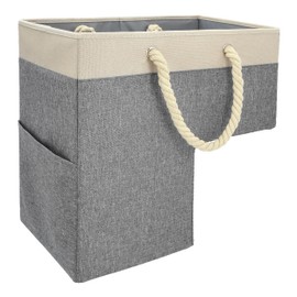 SAM AND MABEL Stair Basket for Carpeted and Wooden Stairs – Foldable Staircase Basket with Thick Cotton Rope Handles, Modern Stairway Storage Organizer (Lite Cream and Gray with Side Pocket)