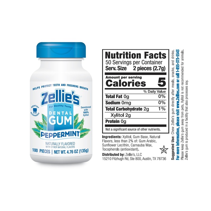 Zellie's | 100% Xylitol Peppermint Chewing Gum | No Aspartame,