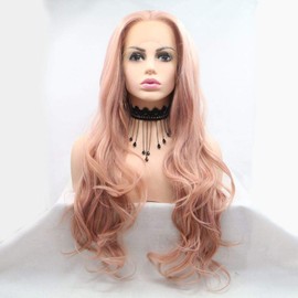 Xiweiya Rose Gold Lace Front Wig Long Body Wave Mixed Peach Pink Hair with T Lace Natural Hairline Mixed Orange Pink Syntheyic Lace Front Wig Heat Resistant Daily Party Wig for Women Cosplay Wigs