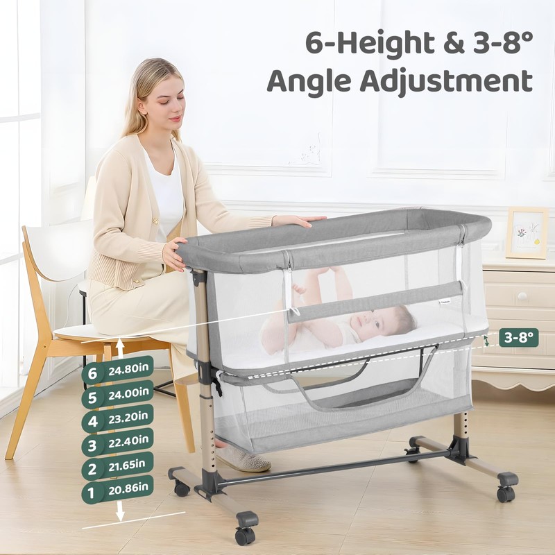 Cowiewie Bassinet Bedside Sleeper, Portable, Breathable, Adjustable Baby Bedside Bassinet