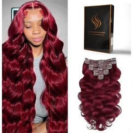 Tandulo Clip in Hair Extensions Real Human Hair Body Wave 99J Burgundy Clip in 100% Brazilian Remy Human Hair Extensions 8pcs Per Set with 18 Clips Double Weft 16 Inch 90g/3.6oz