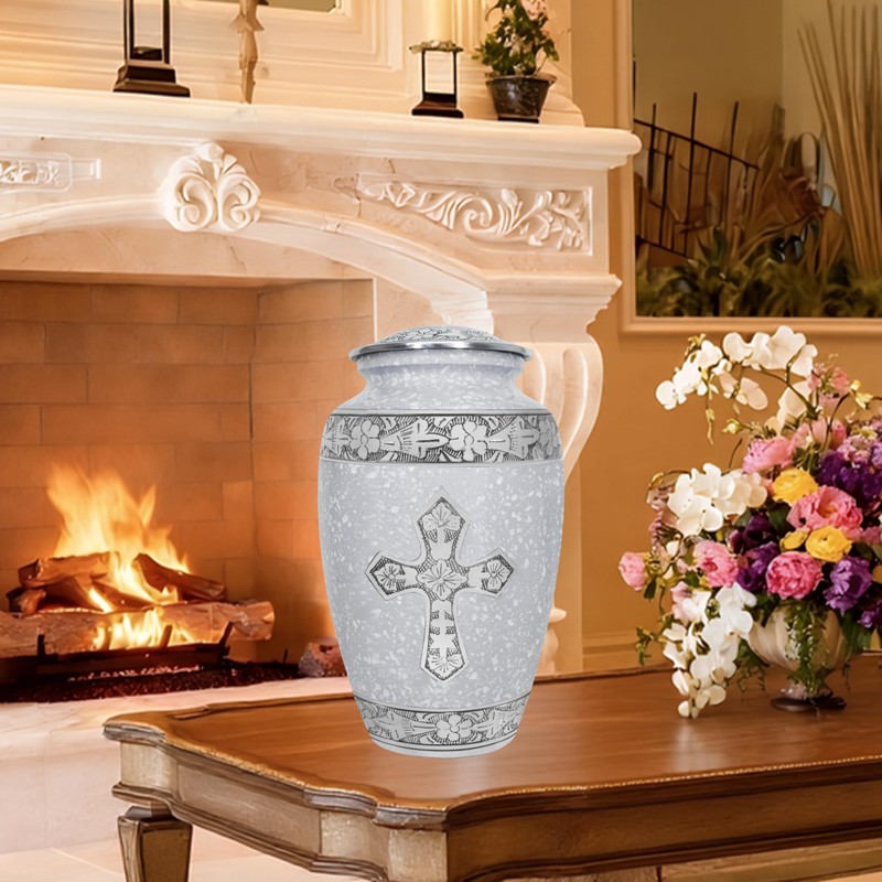 Cremation Urns for Women, White Engraved Cross Large Funeral Urn