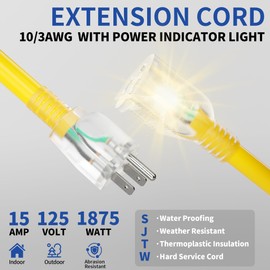 cismorvex 3ft Outdoor/Indoor Extension Cord with Lighted 10/3 Gauge Yellow