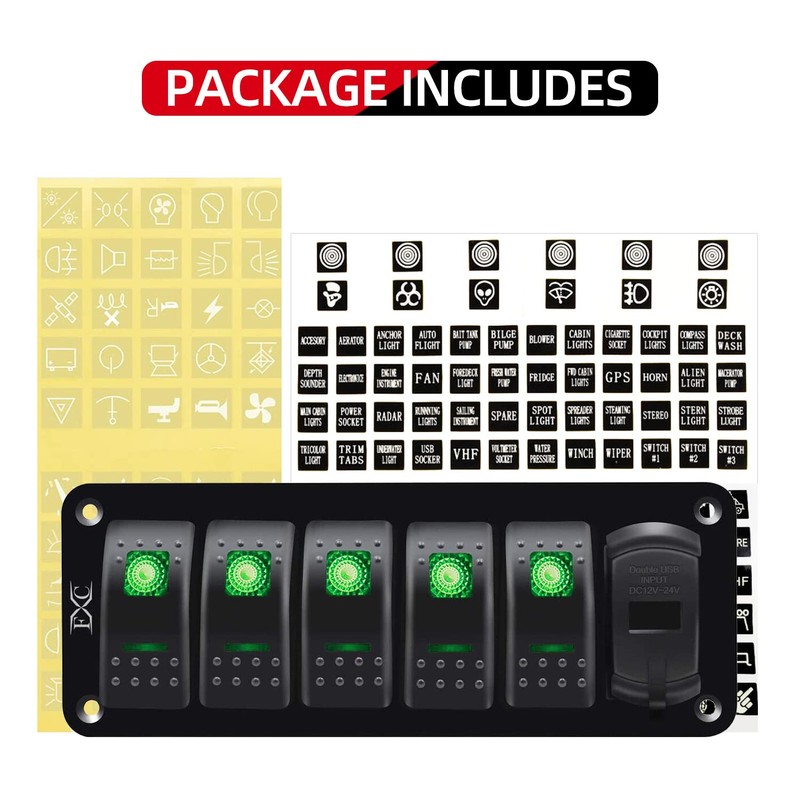 FXC 12V 24V DC 5 Gang Rocker Switch Aluminum Panel