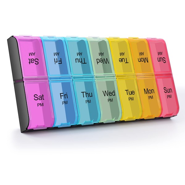 Weekly 7 Day AM PM Pill Organizer, Greencycle 2 Times A Day Pill Cases Large Compartments Pill Box Medicine Organizer Design for Vitamins Fish Oil Supplements (Rainbow)